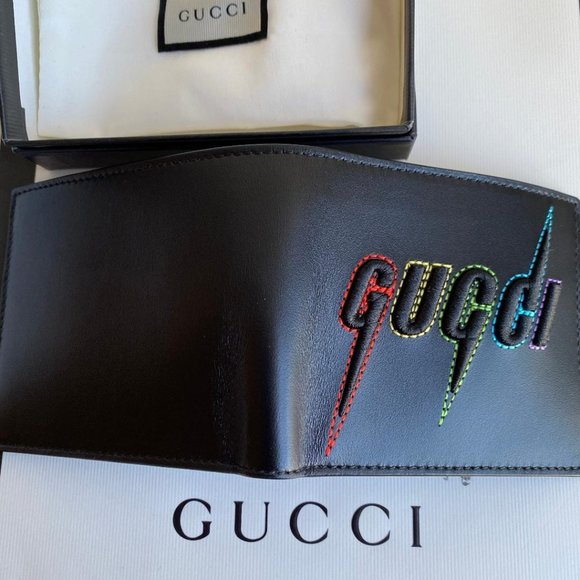 GUCCI black rainbow Embroidered bifold wallet with dust cover and gucci … - Picture 6 of 13